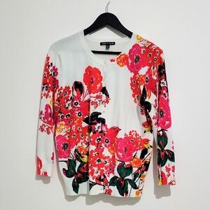 CABLE & GAUGE WOMEN'S FLORAL BUTTON DOWN SWEATER CARDIGAN 3/4 SLEEVE